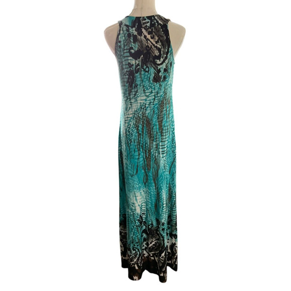 R&M Richards Size 8 Maxi Dress Teal Brown Abstract Print V Neck Belted - Picture 3 of 13